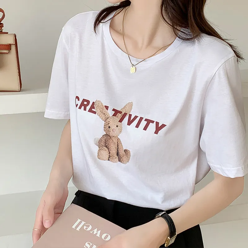 Cartoon Letter Print Round Collar Loose T-Shirt