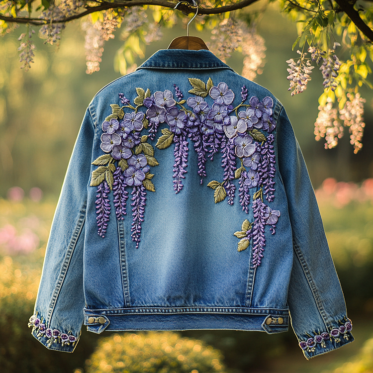 VChics Women's Violet Floral Embroidery Art Denim Jacket