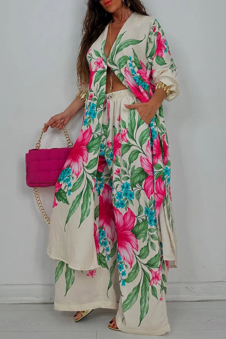 Plus Size Business Casual White Tropical Print Long Sleeve Pocket Casual Wide Leg Two Piece Pant Sets [Pre-Order] 2024 - Xpluswear