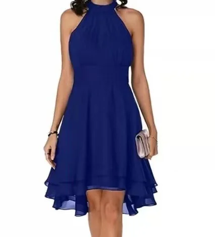 Uveng Uveng New Fashion Pure Color Temperament Women's Sexy Out-Shoulder Sleeveless Round Collar Micro-Folding Waist Repair Dress