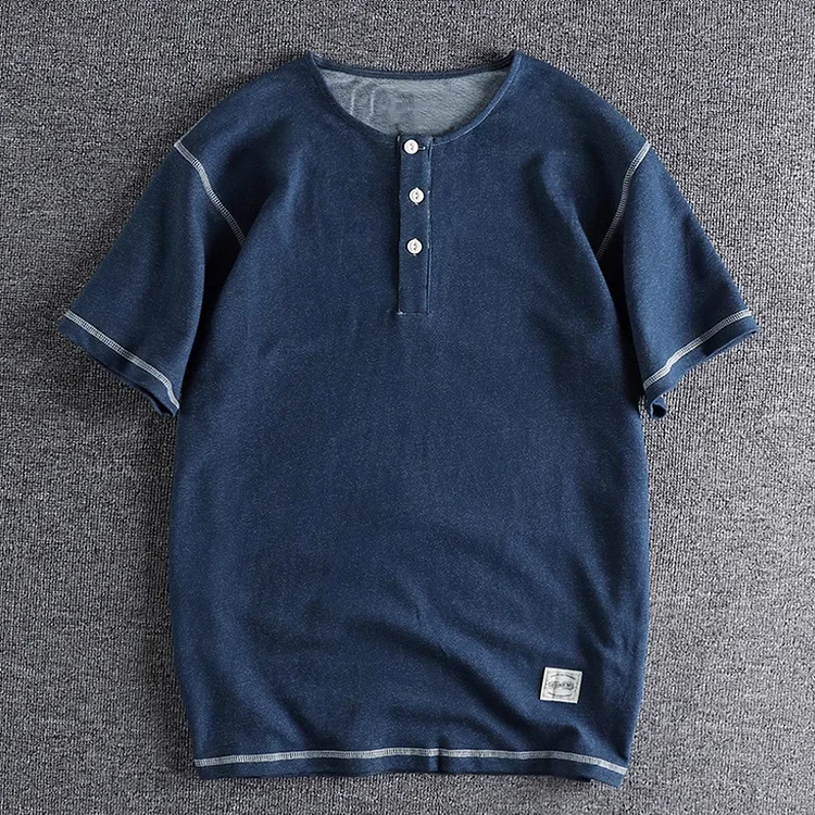 Vintage Henley Collar Denim Short Sleeve T-Shirt