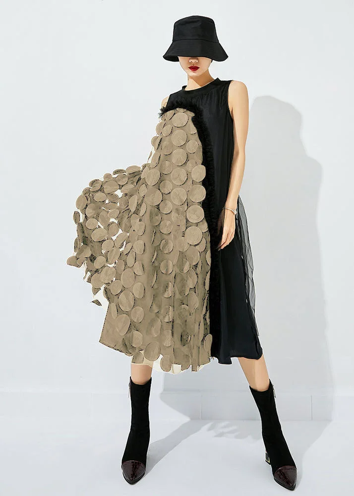 4.29Bohemian Black-Khaki Dot Asymmetrical Patchwork Wrinkled Tulle Maxi Dress Sleeveless