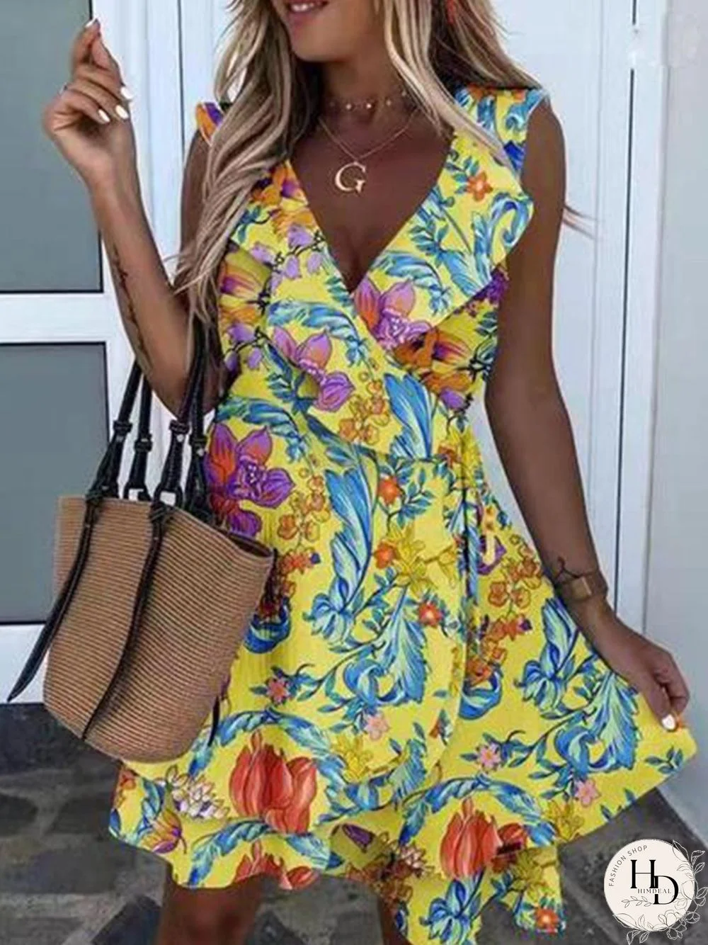 V-neck Sleeveless Flower Print Ruffle Mini Dress P16330