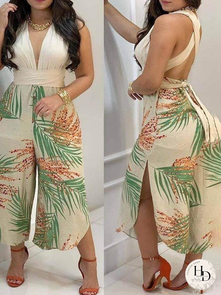 Crisscross Backless Top & Tropical Print Wide Leg Pants Set for Women