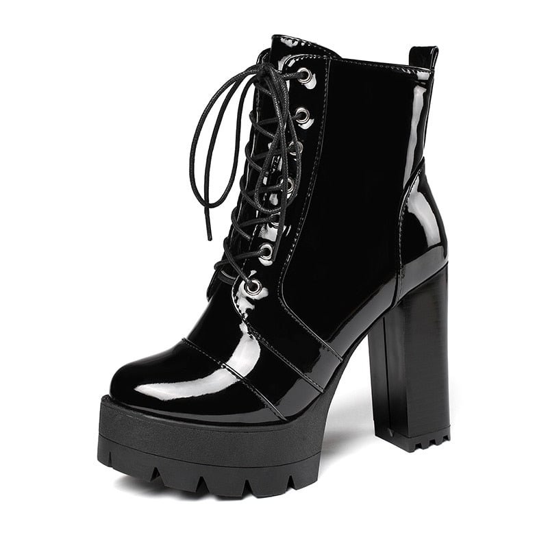 Gdgydh 2021 Thick High Heeled Female Patent Leather Ankle Boots Round Toe Lace-up Zipper Women Short Boots Gothic Women Shoes