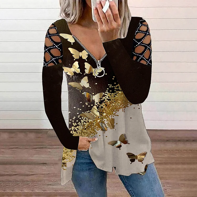 Wearshes Hollow Out Drilling Butterfly Printed Long Sleeve T-shirt