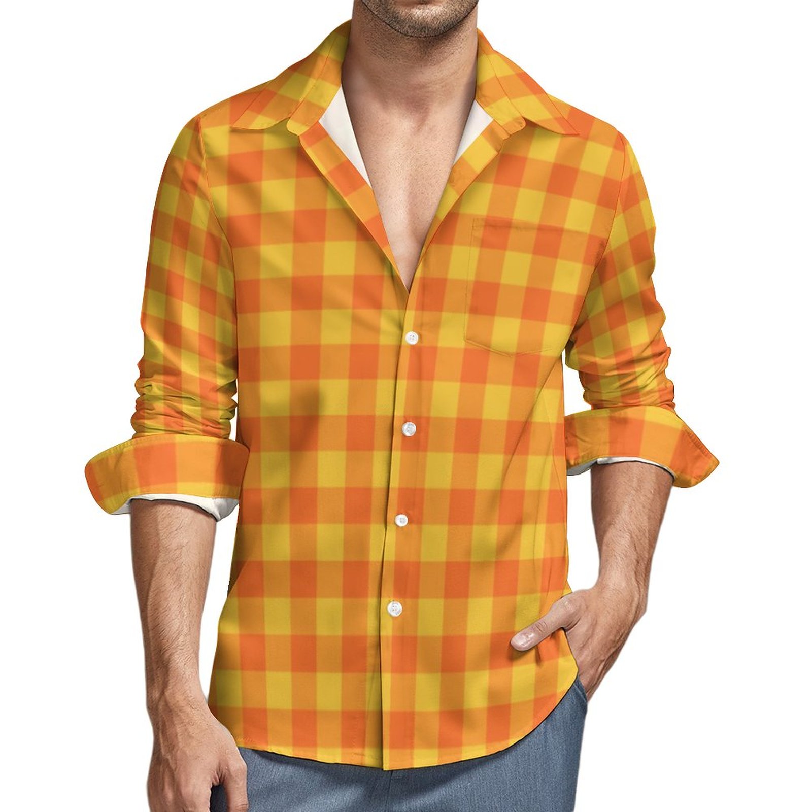 Retro Buffalo Plaid Tartan Yellow Orange Men's Casual Button Down Pocket Shirt