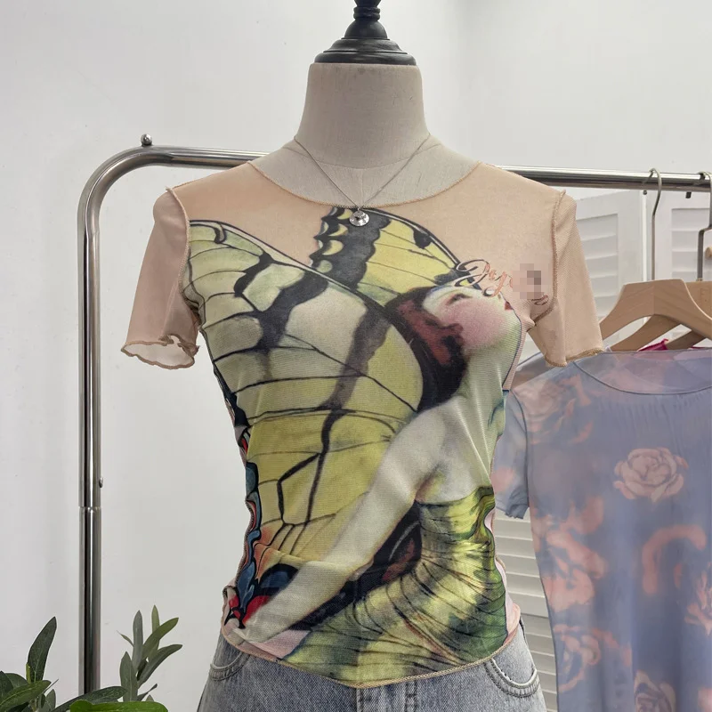 Uveng Single-Layer Thin Mesh Tie-Dye-Repair Short-Sleeved T-Shirt For Girls Summer Short-Sleeved Hottie Top 9917