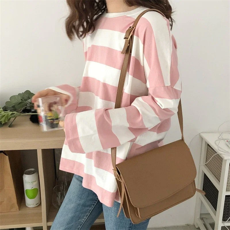 Wongn Sleeve T-shirts Women Spring Striped Loose 2XL Korean Style All-match Casual Womens Trendy Ins Teens Street Wear Simple New