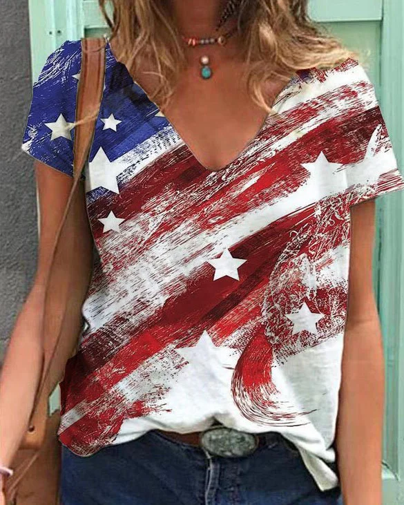 Independence Day Flag Print Casual V-Neck Shirt & Top