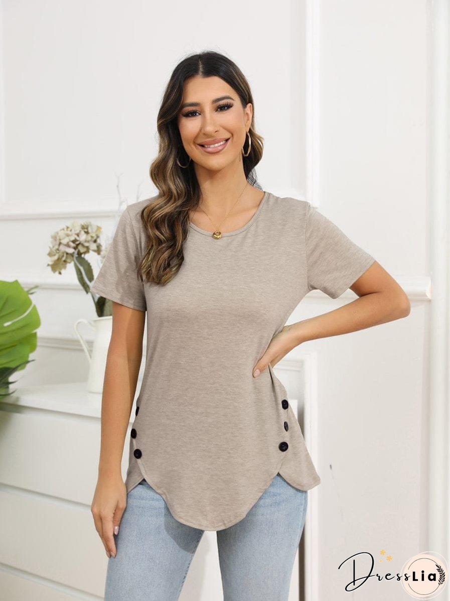 Irregular Button Short Sleeve Round Neck T-Shirt