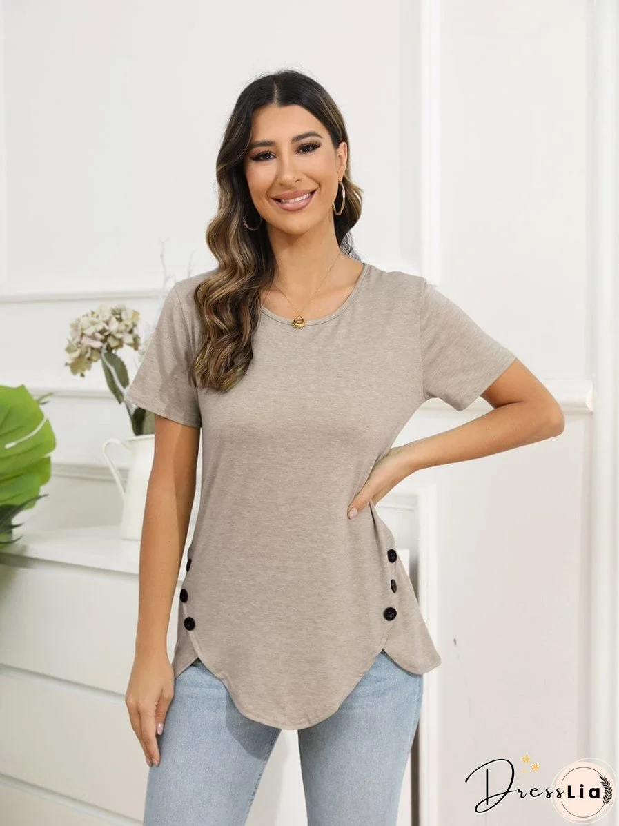 Irregular Button Short Sleeve Round Neck T-Shirt