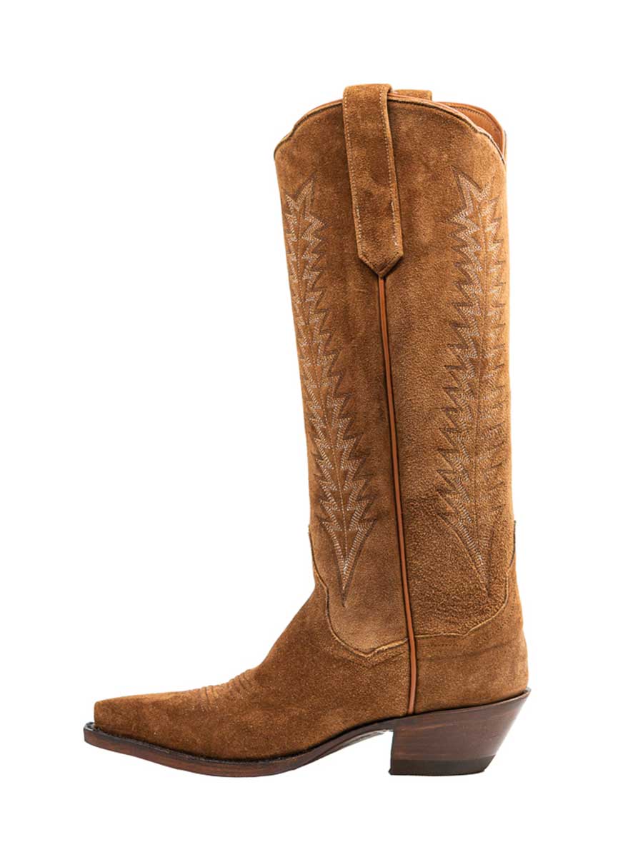 Brown Vegan Suede Snip Toe Chunky Heel Embroidered Cowgirl Boots