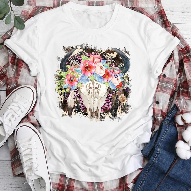 Flower and Cow Skull T-shirt Tee -05985-Annaletters