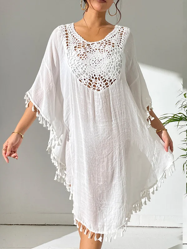 Batwing Sleeves Loose Hollow Solid Color Sun Protection Tasseled Round-Neck Cover-Ups Tops Midi Dresses