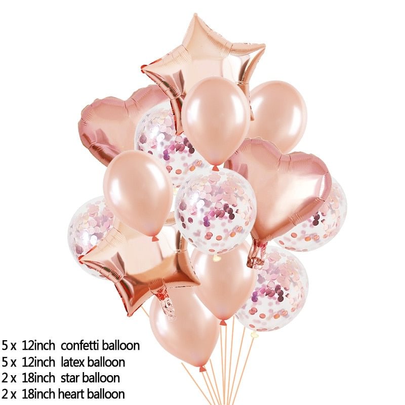 14pcs Rose Gold Confetti Latex Balloons Set Star Heart Shape Foil Balloon Birthday Party Decoration Wedding Inflatable Air Ball