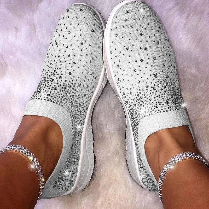Summer Sneakers Women Crystal Fashion Bling Sneakers Casual Slip on Sock Trainers Ladies Flat Breathable Vulcanize Shoes 2022