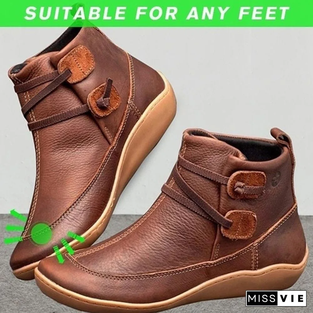 Women's Braided Strap Flat Heel All Season Boots Waterproof Leather Comfortable Flat Heel Boots Round Toe Ankle Boots