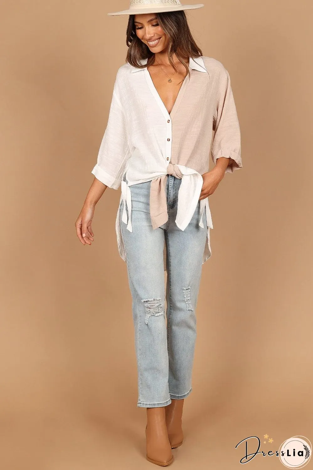 Three-Quarter Sleeve Linen Cotton Blend Top