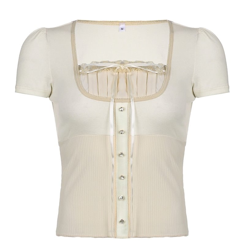 Rapcopter y2k Laec Bow Button Crop Top Knitted Square Collar Short Sleeve T Shirt Cute Sweet Summer Tee Women Prepply Korean Top