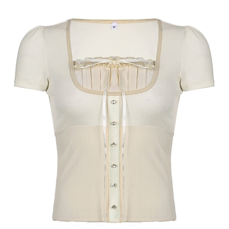 Rapcopter y2k Laec Bow Button Crop Top Knitted Square Collar Short Sleeve T Shirt Cute Sweet Summer Tee Women Prepply Korean Top