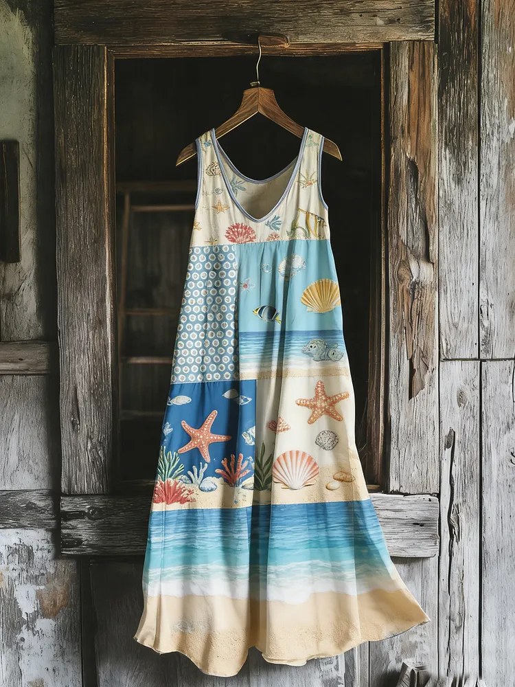 Women's Ocean Creature Print Spaghetti Strap Cotton Dress