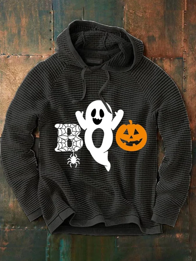 Men's Halloween Boo Pumkin Print Casual Hooded Sweatshirt