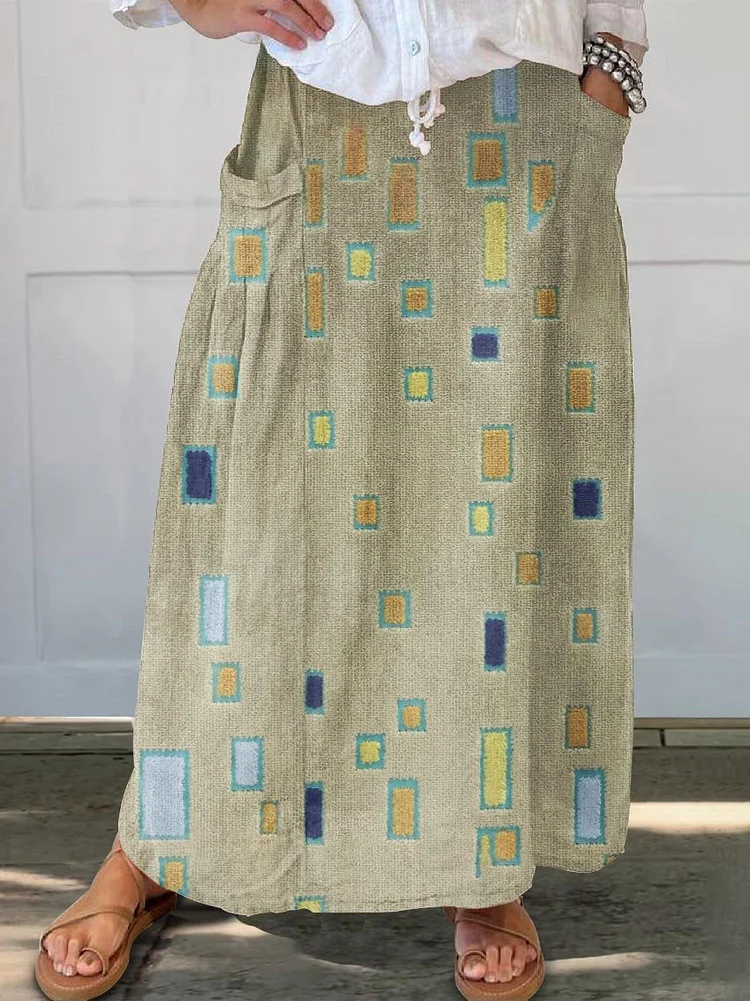 Women's Abstract Geometry Art Pattern Print Linen Pocket Skirt