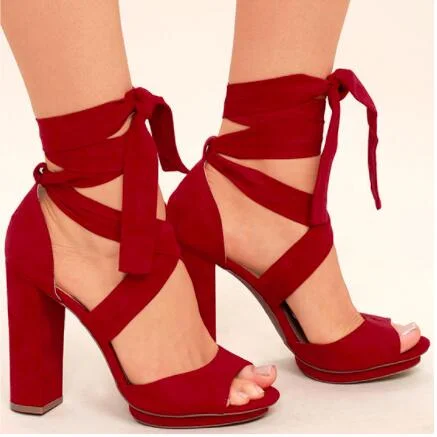 Custom Made Red Chunky Heel Strappy Sandals Vdcoo