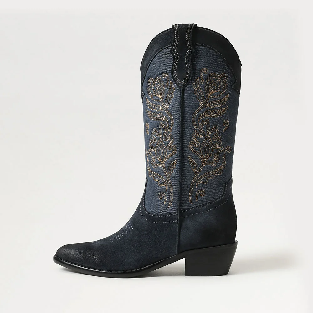 Women's Navy Closed Toe Block Heel Floral Embroidered Cowboy Boots