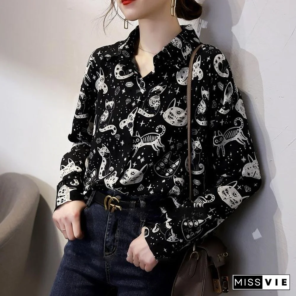 Cute Kitten Print Long Sleeve Shirt