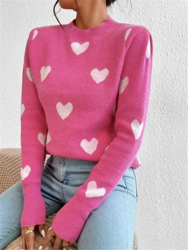 Athvotar Athvotar And Winter New Heart Pattern Loose Round Collar Knitting Jacket Sweater