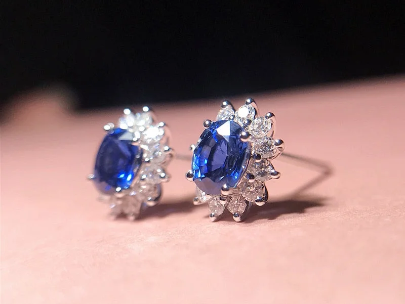 Christmas Gift Luxury Lab Sapphire Earrings Original Alloy Jewelry With Blue Zirconia Gemstone Stud Earrings For Women
