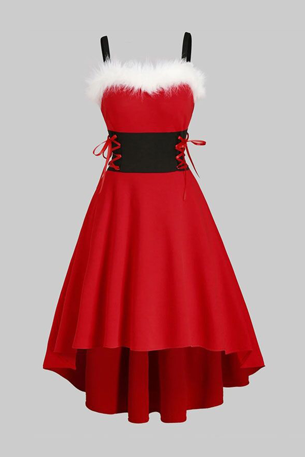 Plus Size Christmas Red Plush Patchwork Sleeveless Lace-Up High Low Hem Tea-Length Dress