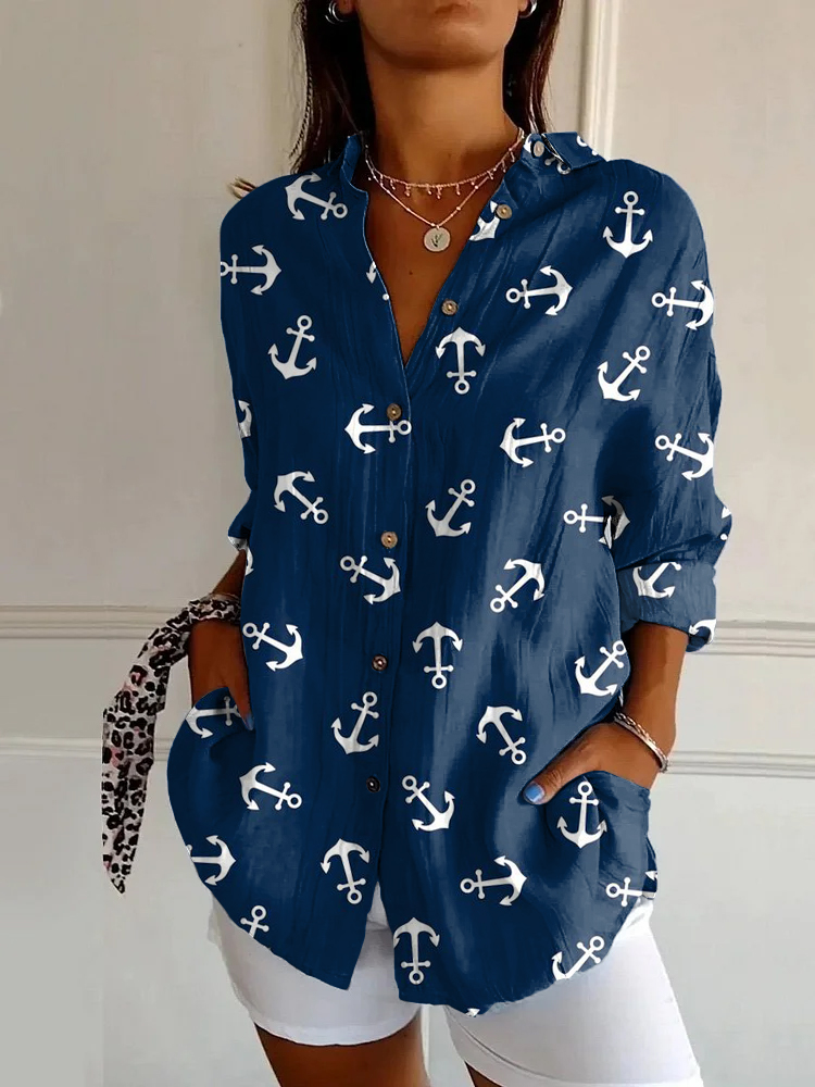 Vintage Navy Anchor Print Long Sleeve Shirt