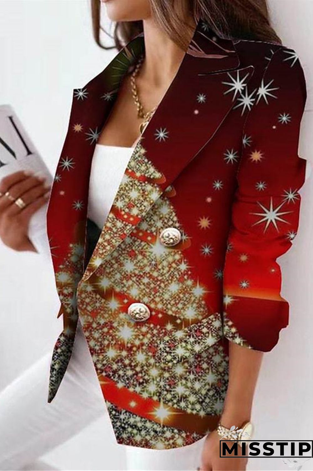 Black Red Casual Print Cardigan Turn-back Collar Outerwear