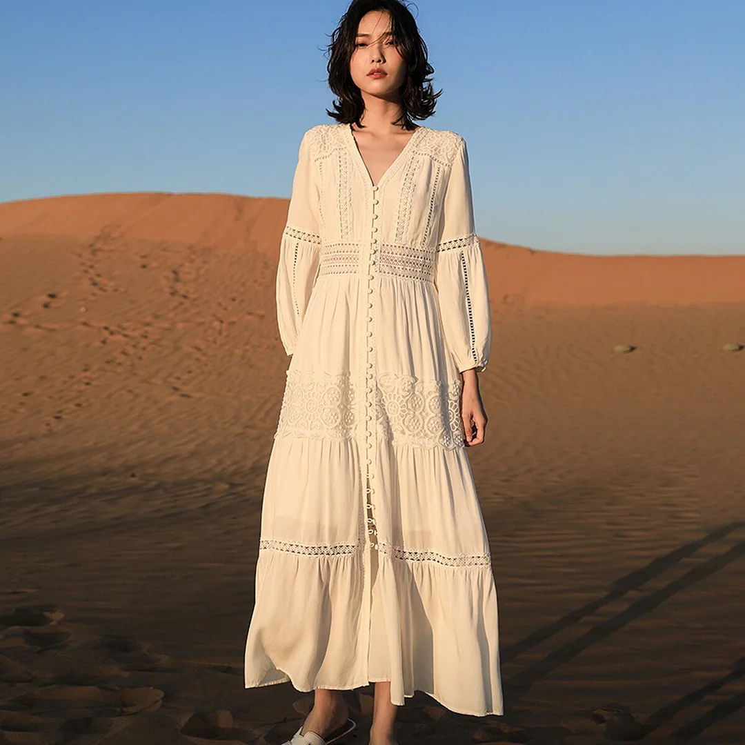 Sonicelie 2023 Early Autumn Dress Women Cotton Patchwork Lace Dresses V-Neck Lantern Sleeve Maxi Dress Beach Long Female Vestidos