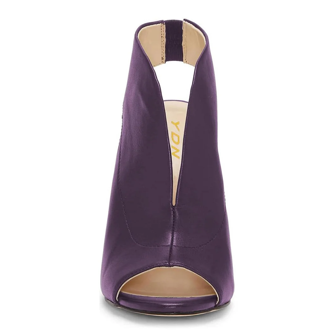 Purple Vegan Leather Peep Toe Front Opening Stiletto Heel Ankle Boots