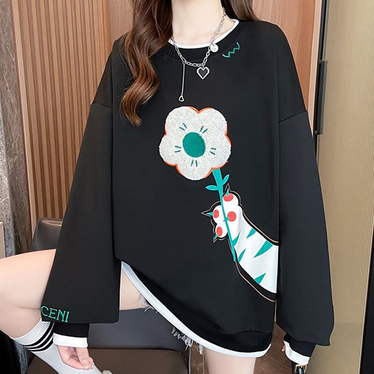 Casual Printed Long Sleeve Shift Sweatshirt QueenFunky