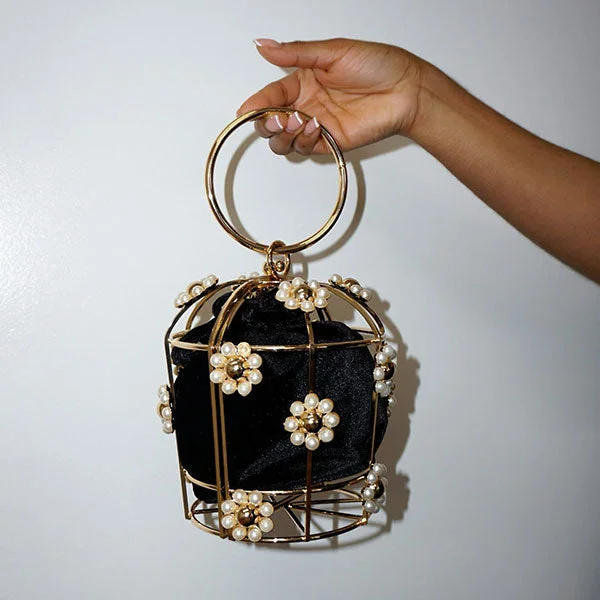 Pearls Decor Elegant Metallic Bucket Bag