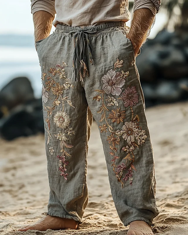 Men's floral embroidered cotton and linen casual trousers  d4ca