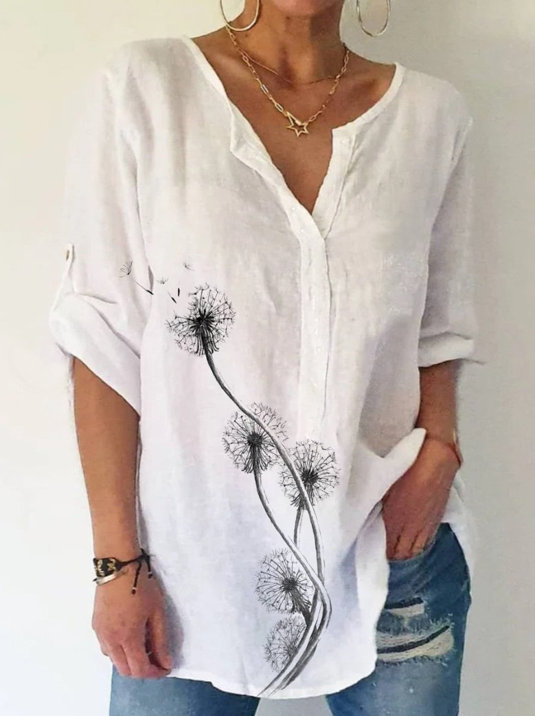 Dandelion Print Casual Long Sleeve Linen Shirt