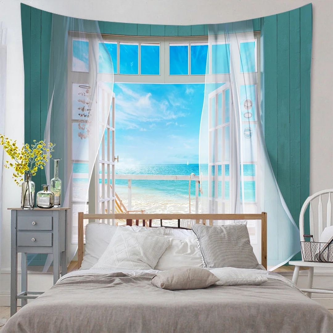 Window Tapestry View Green Plant 3D Sea Flowers Wall Hanging Carpet Blanket Bedspread Yoga Towel Home Beach Wall Decor Dropship