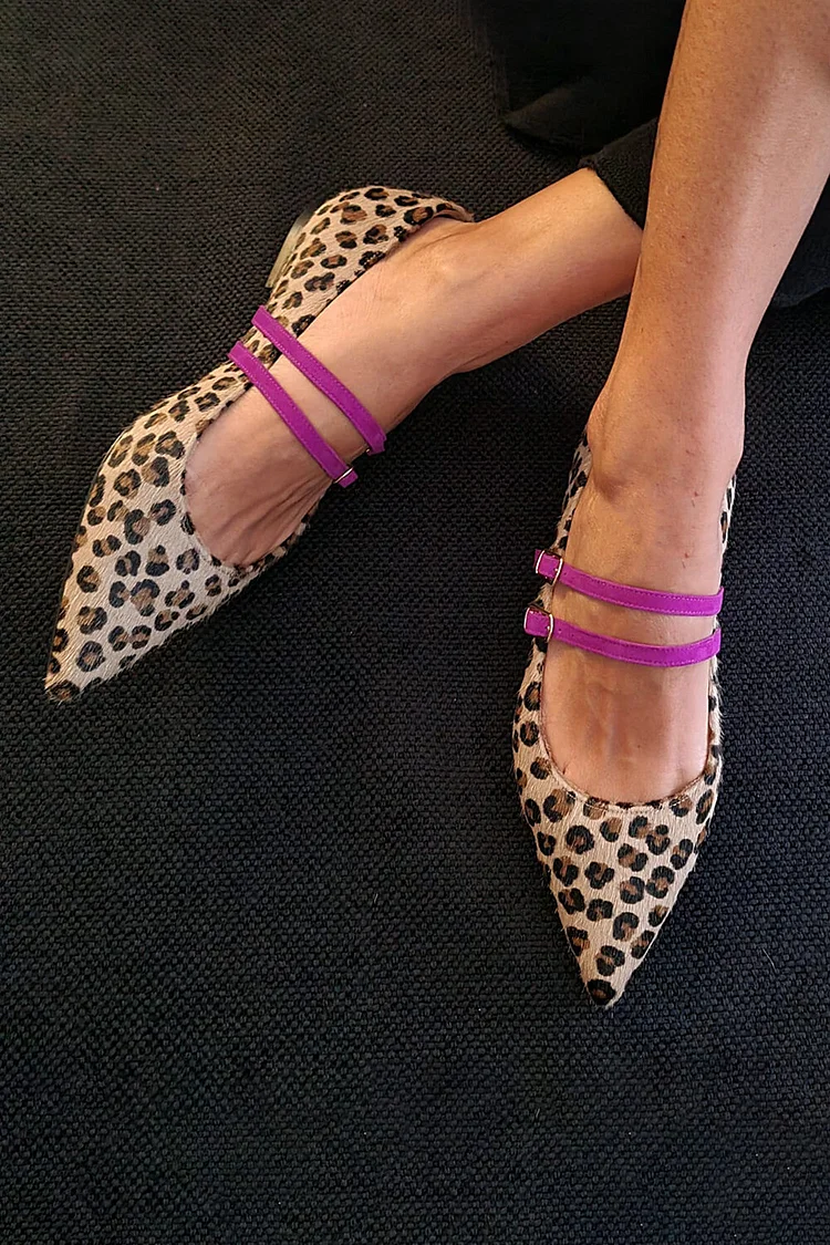 Two Strap Buckle Pointed Toe Leopard Print Flats [Pre Order]