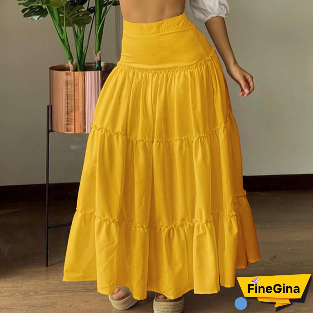 Summer Women Solid Color High Waist Chiffon Long Skirt Loose Plus Size Pleated Skirts Bohemian Beach Dress