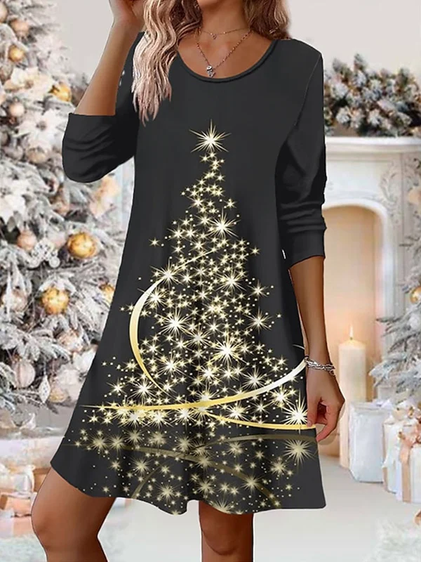 Christmas Tree Print V-Neck Sequins Christmas Dress