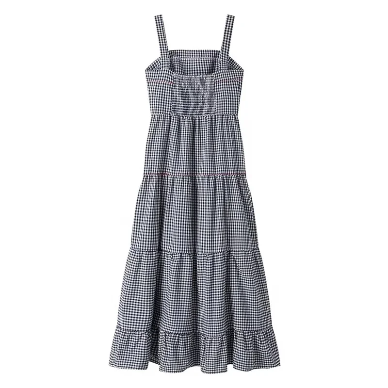 Women Ruffle Embroidery Slip Dress Sleeveless Plaid Pleated Backless Beach Maxi Dress