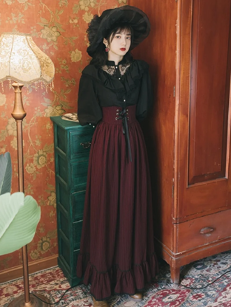 Gothic Retro Black Lace Ruffle Shirt High Waist Long Skirt Set SP16635