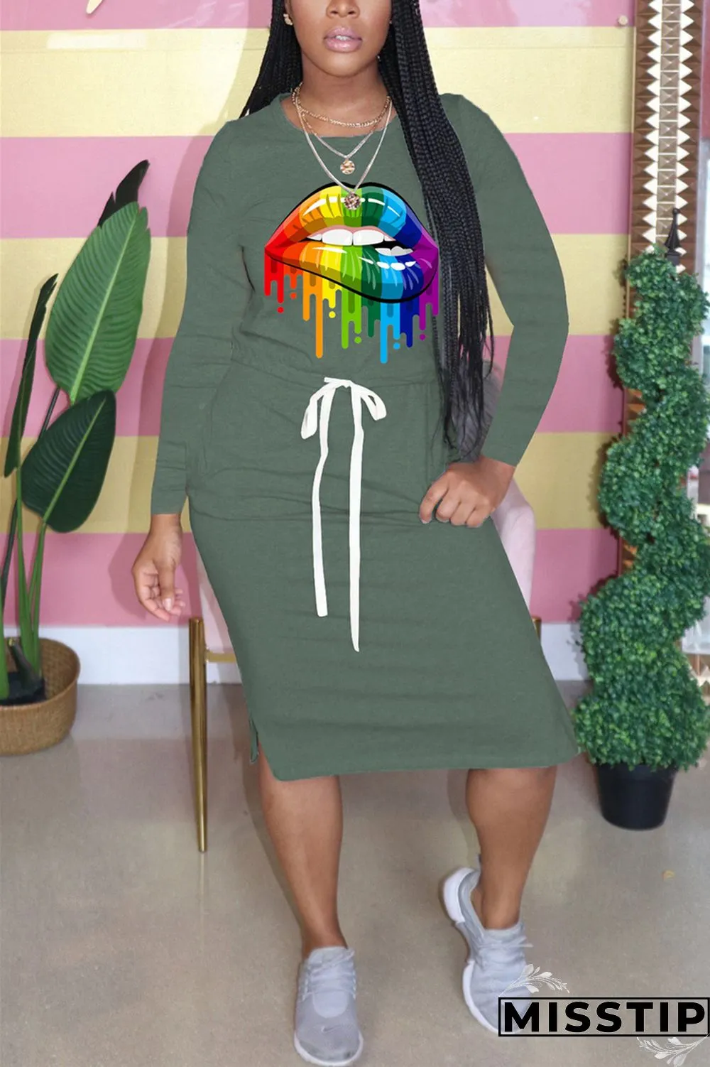 Dark green Fashion Casual Print Patchwork Draw String O Neck Printed Dresses