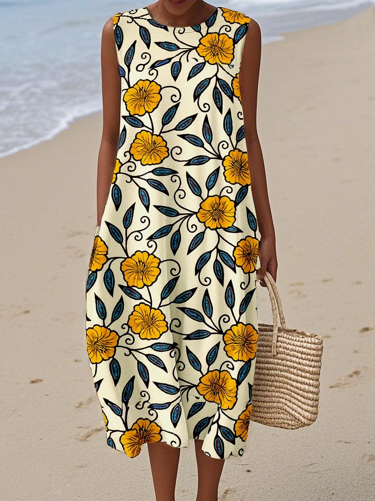 Women's  Vintage flower Print Cotton and Linen Dress